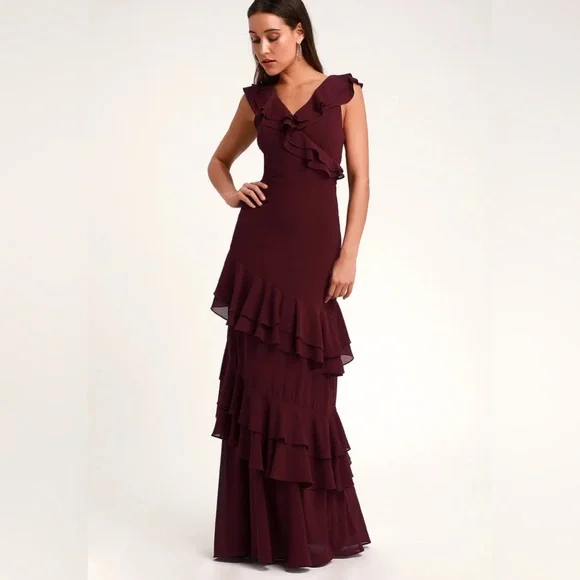 Lulu’s Majesty Burgundy Ruffled Salsa V-Neck Flutter StrapsMaxi Dress Size 1x - Picture 2 of 12